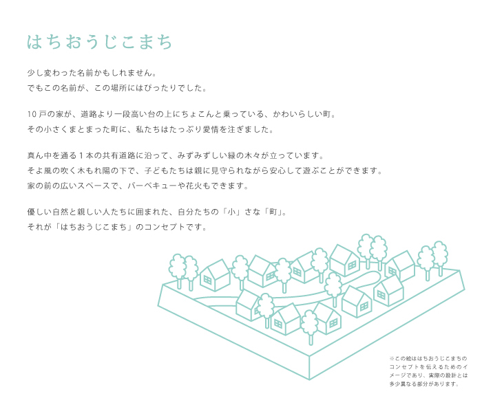 はちおうじこまち 
規模の大きさや高級感を匂わせる住宅地やマンションの名前が多い現在では、少し変わった名前かもしれません。
でも、この名前がこの場所にはぴったりでした。
10戸の家が、道路より一段高い台の上にちょこんと乗っている、かわいらしい街。
その小さくまとまった街に、わたしたちはたっぷり愛情を注ぎました。

真ん中に通る１本の共有道路に沿って、みずみずしい緑の木々が立っています。
そよ風の吹く木もれ陽の下で、子どもたちは親に見守られながら安心して遊ぶことができます。
家の前の広いスペースで、バーベキューや花火もできます。

優しい自然と親しい人たちに囲まれた、自分たちの「小」さな「町」。
それが「はちおうじこまち」のコンセプトです。